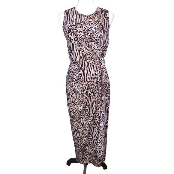 VTG Spenser Jeremy Leopard Animal Print 100% Silk Faux Wrap Sleeveless Dress 10 - Picture 1 of 13